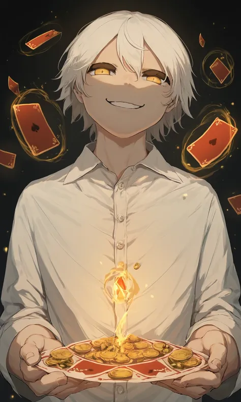 score_9, score_8_up, score_7_up, score_6_up, score_5_up, score_4_up, avogado6 style, half body, 1boy, solo, magic props, magic, playing cards, white hair, yellow eyes, white shirt, smug, looking at viewer