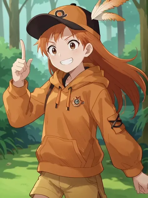 score_9, score_8_up, score_7_up, source_anime, 2D, anime_screencap,  <lora:Lina_-_Riviera:1>,
1girl, solo, linalyuri_riviera, orange hair, long hair, hair down, brown eyes, cap, feather cap, orange hoodie, long sleeves, shorts, index finger, forest, grin,