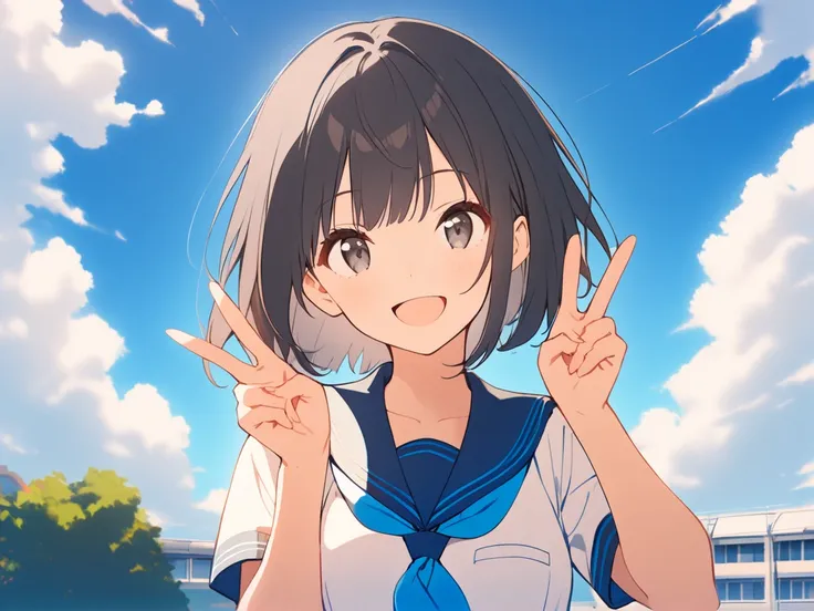 1girl, 
solo, outdoors, shirt, looking at viewer, double v, serafuku, black hair, blue sailor collar, sailor collar, blue sky, open mouth, short sleeves, short hair, black eyes, smile, :d, day, v, cloud, school uniform, upper body, white shirt, sky, 
maste...