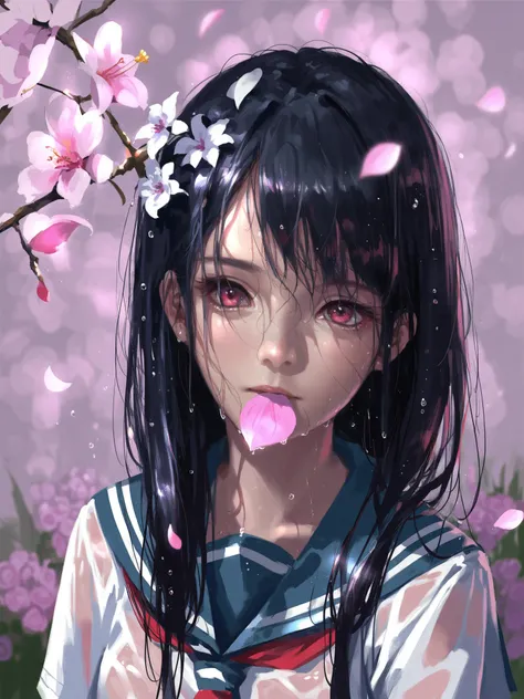 <lora:XL_wlop style(pony)-000060:1>,wlop style,1girl,solo,long hair,school uniform,black hair,serafuku,flower,wet,mouth hold,wet clothes,petals,red eyes,pink eyes,black flower,looking at viewer,wet hair,upper body,, score_9,score_8_up,score_7_up, source_an...