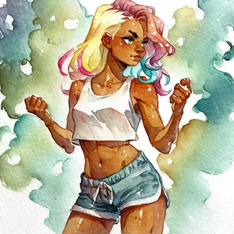 score_9, score_8_up, female, standing, tan skin, vibrant highlights, shorts, crop top, digital art, highly detailed, watercolor, <lora:ZB_Watercolorv1:1>