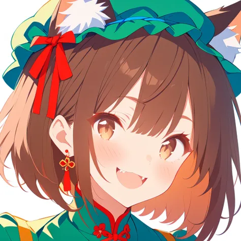 1girl, 
solo, mob cap, brown eyes, looking at viewer, animal ears, portrait, animal ear fluff, brown hair, chinese clothes, extra ears, ribbon, hat, fangs, white background, red ribbon, single earring, smile, :d, neck ribbon, earrings, jewelry, blush, shor...