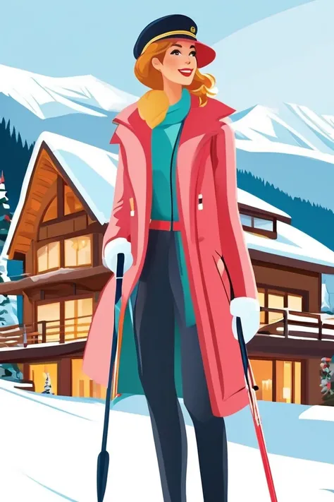 flvcil08 style <lora:style_08_simple_tone_l0-x_flvcil08_style:1>, woman cluseup  standing, 
sailor, elegant,
Snowy mountain lodge and ski slopes, 
high quality, masterpiece, highres,