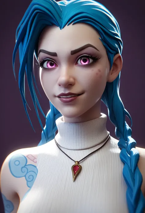 score_9, score_8_up, score_7_up, score_6_up, BREAK 1girl, solo, jinx (league of legends), portrait, looking at viewer, purple background, sidelighting, backlighting, turtleneck sweater, 3d, realistic, sleeveless, necklace, makeup, glowing,