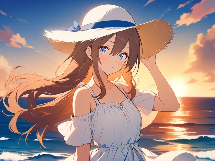 1girl, 
solo, outdoors, adjusting clothes, blue sky, sun hat, white dress, upper body, blue eyes, sky, smile, hair between eyes, blush, closed mouth, ocean, adjusting headwear, hat, cloud, floating hair, hand on headwear, horizon, sunset, looking at viewer...