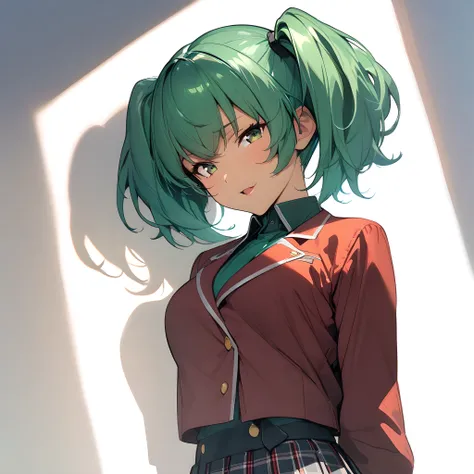 (masterpiece),(best quality),(ultra-detailed),(best illustration),(best shadow),(absurdres),(detailed background),(very aesthetic), ryofu housen, 1girl, solo, skirt, twintails, white background, green eyes, simple background, jacket, pleated skirt, looking...