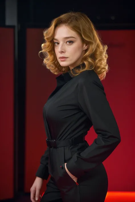 MilenaRadulovic, woman, highly detailed, realistic, red background, frontal, formal, looking at viewer, jumpsuit, futuristic, blonde curly hair,
 <lora:MilenaRadulovicSD_v1:0.8>