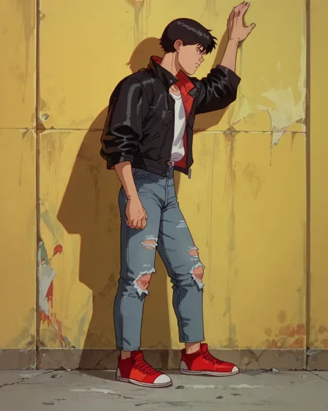 score_9, score_8_up, score_7_up, zPDXL,<lora:Akira_style:0.90>retro artstyle, 1boy, black hair, standing, full body, leaning on wall, black leather jacket, helmet, ripped jeans, red shoes