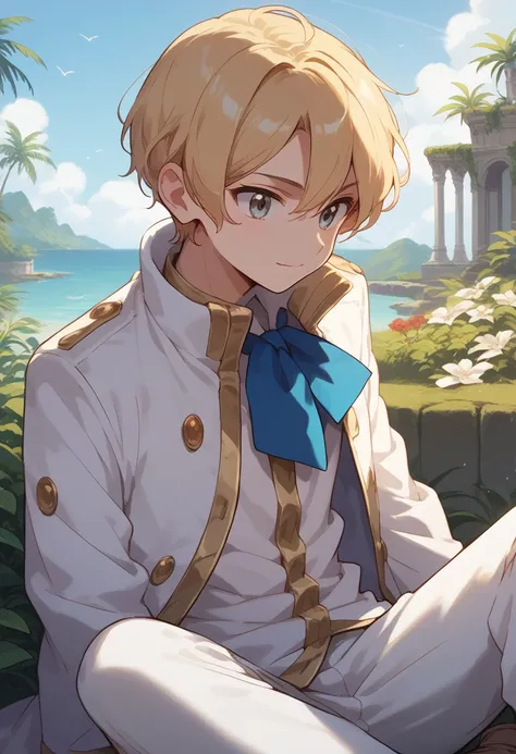 score_9, score_8_up, score_7_up, masterpiece, best quality,detailed,intricate details, amazing quality, best aesthetic, absurdres, dexio_xy, blonde hair, grey eyes, white jacket, white pants, brown shoes, blue cravat, 1boy, solo<lora:EMS-382846-EMS:1.00000...