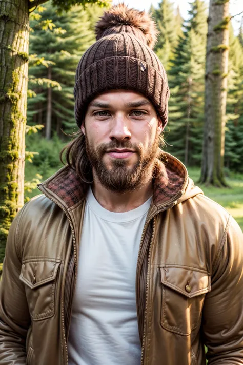 bconor, looking at you, hipster beard, brown hair, muscular, lumberjack, axe, sweaty, sweat, (shirt), (jacket), smile, standing, forest, beanie <lora:more_details:0.8>, <lora:Ben_Conor:0.8>