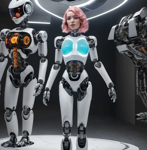 (masterpiece, high resolution, CGI:1.4), (depicting a futuristic cyborg woman with striking pink hair:1.3), (her eyes emanating a mesmerizing blend of green and blue light:1.2), (a combination of human and robotic elements seamlessly integrated throughout ...