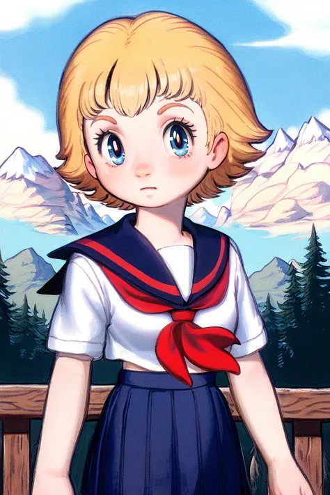 1girl,blonde,school uniform,(tezuka osamu:1.5),mountain, 
solo,cowboy shot, portrait, looking at viewer, illustration
<lora:Perfect Hands:1> <lora:age_slider_v4:-3>  <lora:å¤§ç:1>, score_9, score_8_up, score_7_up, score_6_up, score_5_up, score_4_up,zPDXL