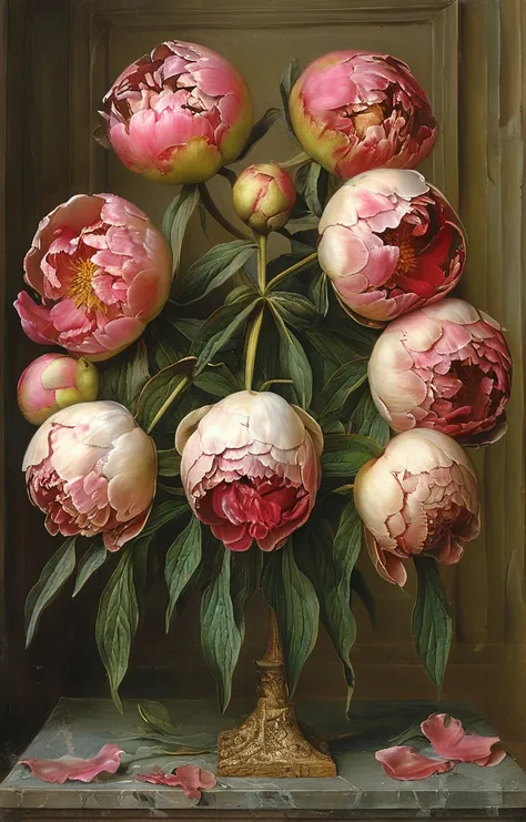 masterpiece,best quality,<lora:tbh169-sdxl:0.9>,illustration,style of jean fouquet, decaying peonies