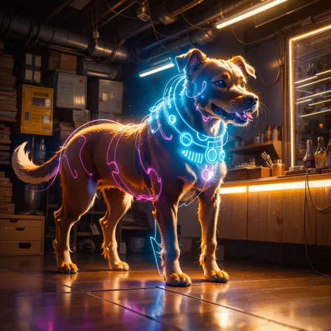 (light painting:1.3)(best quality:1.5),(masterpiece:1.5),(super Realistic:1.5),(high detail:1.5),light painting of dog,dazzling,transparent,polishing,universe space,cyberpunk,purple light,full body,