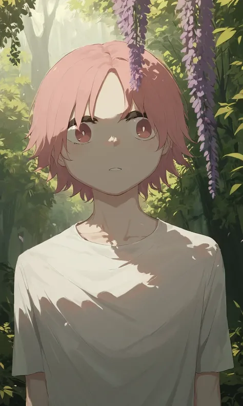 score_9, score_8_up, score_7_up, score_6_up, score_5_up, score_4_up, avogado6 style , a man with long pink hair, in a wisteria forest, portrait, half body shot, white shirt,