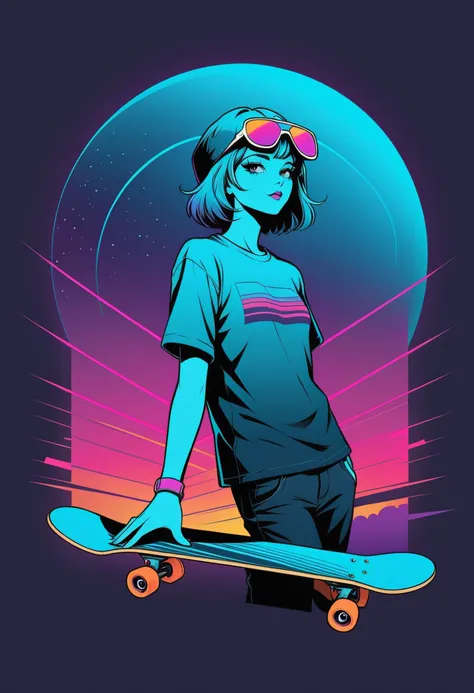 Retro Skateboard, futurism, line art, complementary colors, dreamlike, synthwave t-shirt vector, center composition graphic design, plain background2 mockup