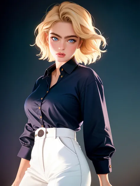 Realistic photo of a beautiful 3r1k43 woman, 1girl, solo, breasts, looking at viewer, short hair, blue eyes, blonde hair, shirt, upper body, lips, black shirt, realistic, unbuttoned, professional Photography, Photorealistic, detailed, RAW, analog, sharp fo...