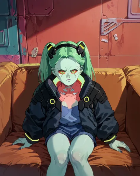 score_9, score_8_up, score_7_up, zPDXL,<lora:Akira_style:0.95>retro artstyle,80s anime, <lora:Rebecca_Pony:0.90>1girl, green hair, colored skin, rebecca (cyberpunk), colored sclera, twintails, headgear, black jacket, sitting, couch, futuristic apartment