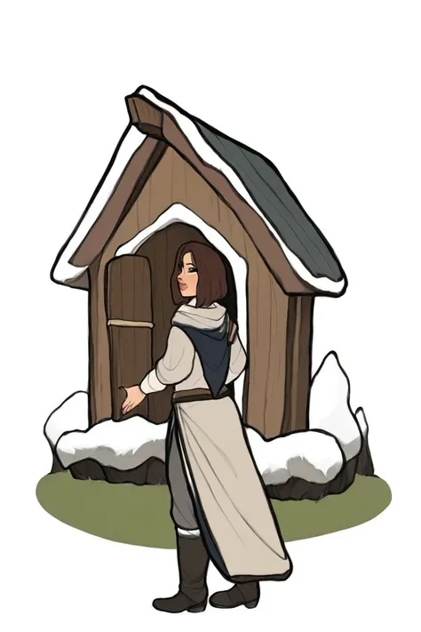 flvcil19 style <lora:style_19_sleek_sharpie_l0-p_flvcil19_style:1>, woman  standing, 
warrior, adorable,
Cozy mountain cabin and snowfall, 
high quality, masterpiece, highres,