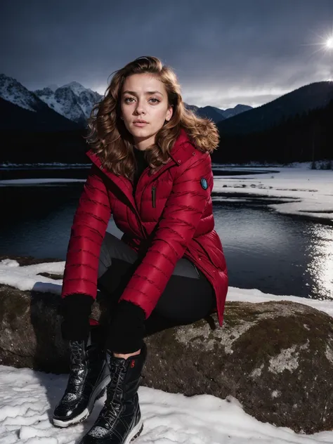 RAW photo,  tv_Bella_Straczynski_MXAI, , sad expression, wearing a winter coat, wearing winter pants, wearing winter boots, sitting on a rock by a frozen mountain lake, midnight, moonlight, shot from the side, PA7_Portrait-FL ,  detailed high contrast back...