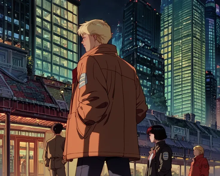 score_9, score_8_up, score_7_up, zPDXL,  <lora:Akira_style:0.95>retro artstyle, 1girl, 1boy, blonde hair, night, building, black hair, coat, hands in pockets, city, suit, short hair, jacket, outdoors