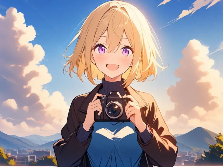 1girl, 
solo, outdoors, smile, breasts, hair between eyes, medium breasts, long sleeves, holding camera, jacket, blue sky, camera, sunlight, turtleneck, blonde hair, turtleneck shirt, shirt, looking at viewer, upper body, :d, black shirt, cloud, purple eye...