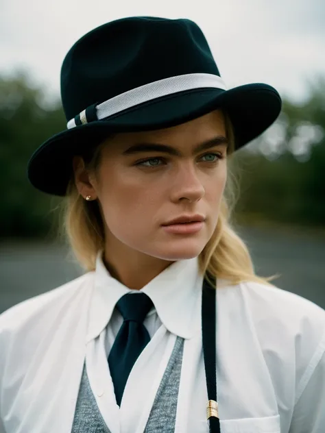 Realistic photo of a beautiful 3r1k43 woman, solo, looking at viewer, blue eyes, blonde hair, shirt, 1boy, hat, closed mouth, jacket, white shirt, upper body, male focus, necktie, collared shirt, black headwear, formal, black necktie, fedora, professional ...