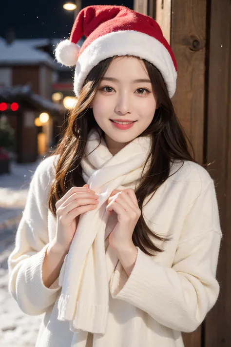 (masterpiece:1.2),1girl,christmas,scarf,santa_hat,christmas decoration,snow,
chinese,medium breast,cleavage,brown hair,smile,