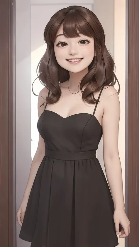 masterpiece, best quality, ultra detailed, <lora:Lelay:1>, brown hair, brown eyes, black dress, smile, closed_mouth, smile, standing