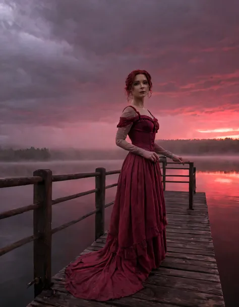 In a serene, fog-shrouded lake under a stormy, crimson sunset sky, Jannet stands poised and confident on the edge of a rustic wooden pier, her elegant Victorian gown with a touch of modern flair flowing gracefully around her as she gazes out towards the ho...