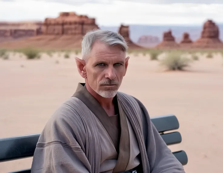 CptRayner, Rayner, male focus, gray eyes, pointy ears, gray thin beard, short gray hair, undercut, upper body, looking to viewer, star wars robe, sitting at a bench on a desert planet, 8k photography, sony alpha a 1 close up, shot