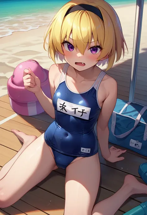 score_9, score_8_up, score_7_up, source_anime, houjou_satoko, solo, swimsuit, school swimsuit, 1girls, one-piece swimsuit, blonde hair, purple eyes, hairband, short hair, fang, name tag, breasts, collarbone, bangs, blush, hair between eyes, black hairband,...