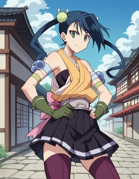 score_9, score_8_up, score_7_up, source_anime,
hibachi, <lora:hibachi-s1-ponyxl-lora-nochekaiser:1>,
hibachi, long hair, green eyes, blue hair, twintails, hair ornament,
skirt, thighhighs, japanese clothes, zettai ryouiki, armband, purple thighhighs, belt,...