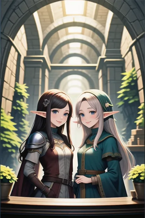 official art, fantasy, 2girls talking  ,elf,  adventurers guild counter, smile  <lora:LCM_LoRA_Weights_SD15:1>