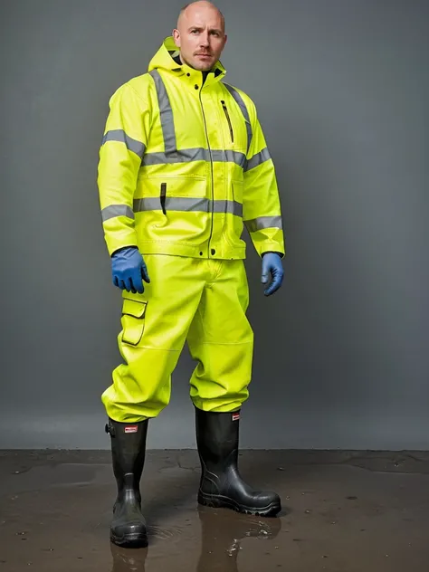 bulky bald man wearing hi-vis workgear and rubber boots <lora:100_Workgear_Lora_v1.3_XL:0.5>, ((no_background)), waterptoof