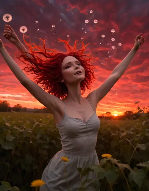 In the heart of her dreamscape, where neon clouds swirl and dandelion fields glisten beneath a crimson sunset, a solitary girl with vibrant red hair, its length barely reaching her shoulders, floats gracefully above, arms outstretched in an expression of p...