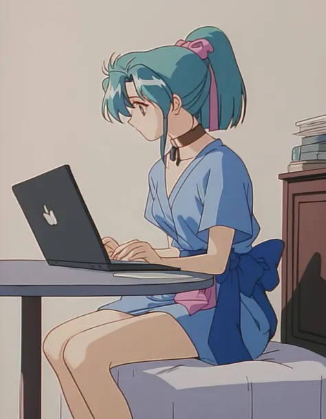 score_9,  score_8_up, score_7_up, source_anime,  1girl, solo, <lora:diana-minerva-ponyxl:0.9> mnkda, short kimono, ponytail, sitting, laptop