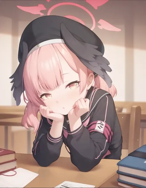 score_9, score_8_up, score_7_up,  score_6_up, koharu (blue archive), pink hair, sitting on a table, leaning on table, head on hand, black headwear, solo, looking at viewer, 
 <lora:peachyp_style_pony6_v1-000032:1>