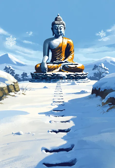 Footprints of the Buddha in the Snow, a digital painting, peaceful landscape, snow, footprints, serene expression, meditation pose, nature, tranquility, winter, spirituality, traditional Buddhist imagery.