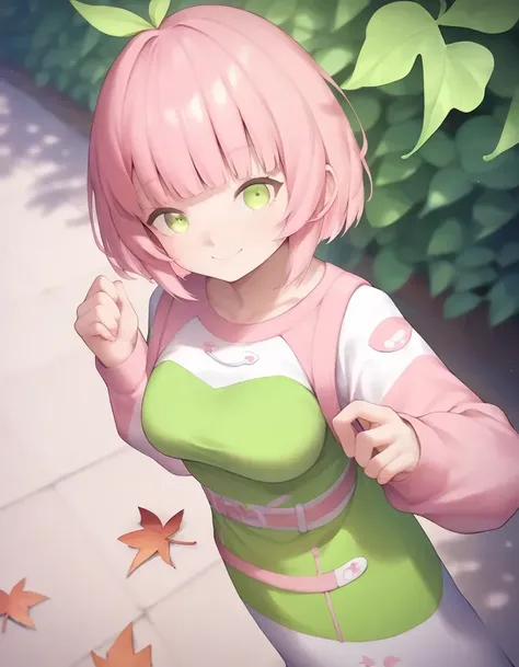 score_9, score_8_up, score_7_up,  score_6_up, a girl in a park, dutch angle, smile , (antenna hair:0.7)|(leaf:1.5),short hair, (blunt bangs:1.1),pink two-tone jacket, virtual youtuber, long sleeves, puffy long sleeves, dutch angle, from above, green eyes, ...