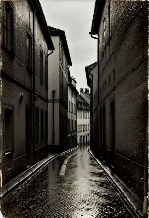 lith_fomaspeeds311,  instagram photo, a rainy and dark street in europe, hard shadows, film grain