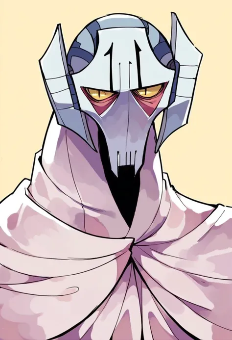 score_9, score_8_up, score_7_up, source_anime, 1boy, General Grievous, yellow eyes, slit pupils, robot, upper body, white cape, portrait, simple background