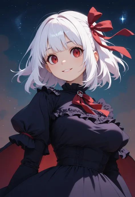 score_9, score_8_up, score_7_up, score_6_up, score_5_up, score_4_up, rating_safe, 1girl, upper body, large breasts, long velvet dress, hair ribbon, long white hair, gothic, slight smile, dark sky, undershirt, frilled sleeves, red eyes, starry night