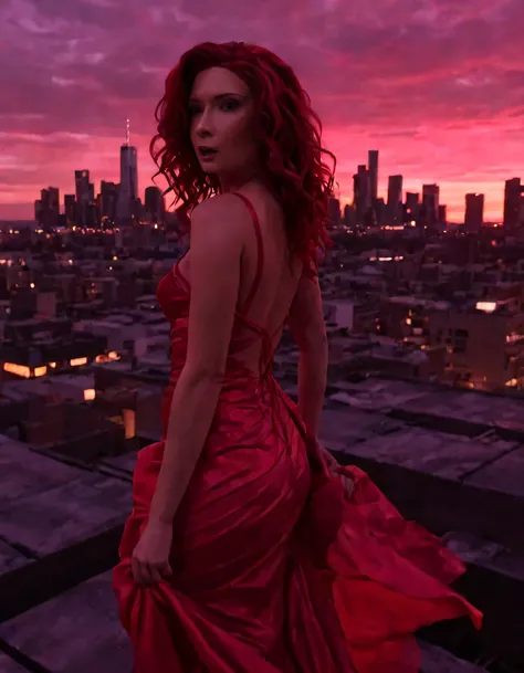 On a darkened rooftop, Jannet, with her fiery red gown and loose waves cascading down her back, stands defiantly amidst the neon lights of a bustling cityscape at sunset. Her determined gaze into the distance hints at a power struggle against an unseen ene...