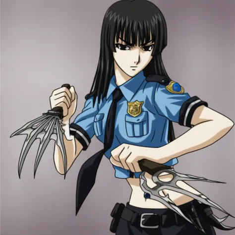 score_9, score_8_up, score_7_up, score_6_up, score_5_up, score_4_up <lora:Kureha-Suzuka-ponyxl>, midriff, police uniform, solo, jewelry, from behind, knife, necktie, black eyes, parody