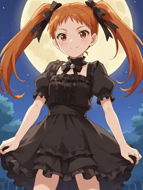 score_9, score_8_up, score_7_up, source_anime, 2D, anime_screencap,  <lora:Lina_-_Riviera:1>,
1girl, solo, linalyuri_riviera, orange hair, twintails, hair bow, brown eyes, black shirt, short sleeves, puffy sleeves, black skirt, frills, gothic outfit, night...