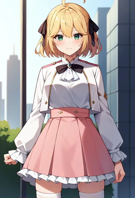 score_9,score_8_up,score_7_up,score_6_up,score_5_up,score_4_up,
1girl, anisphia wynn palettia, short hair, two side up, ahoge, hair ribbon, white shirt, shirt tucked in, high-waist skirt, pink skirt, frilled skirt, white jacket, cropped jacket, frilled sle...