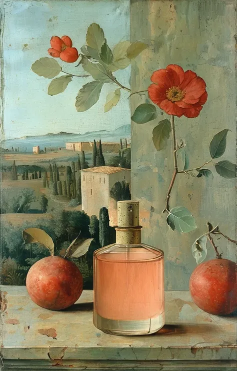 masterpiece,best quality,<lora:tbh194-sdxl:0.9>,illustration,style of Piero della Francesca A bottle of perfume in garden