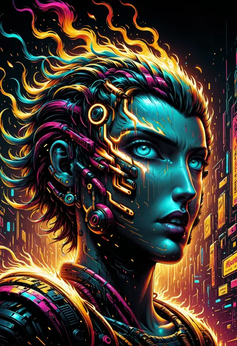 DonMF1r33l3XL postmodernism, retro cyberpunk, mythical, line rendering, cryengine, chaotic, printmaking, comic book style,  aberration, exceptional magnum, 4k, innovative, chiasmus,  <lora:DonMF1r33l3XL:1>