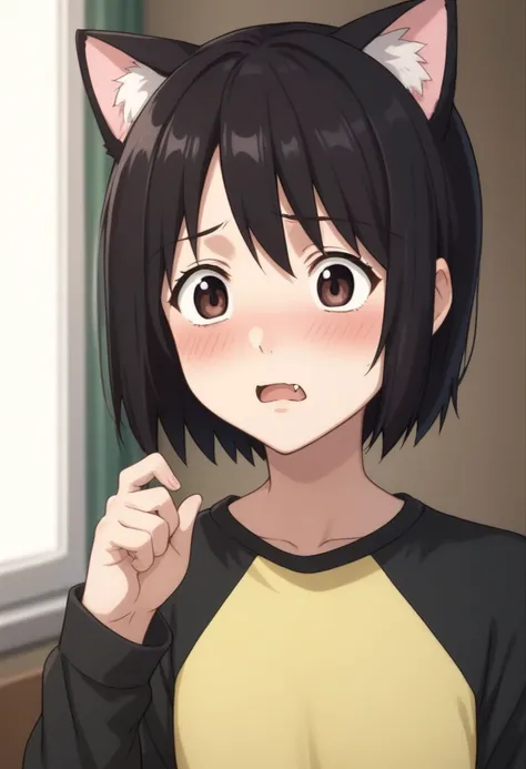 score_9, score_8_up, source_anime, highly detailed, 1girl, solo
misaki, 1girl, solo, brown eyes, short hair, black hair, hirt, upper body, raglan sleeves, skirt, white animal ear, cat hear, fang, hand up, blush, embarassed,
indoor,